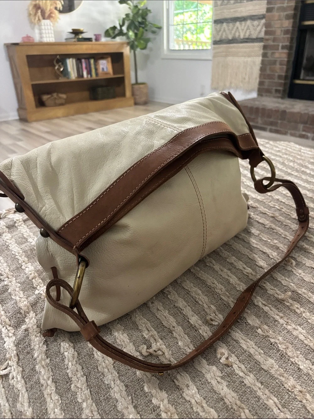 Lucky Brand Leather Crossbody Large Fold over Bag in Cream with Brown Trim -